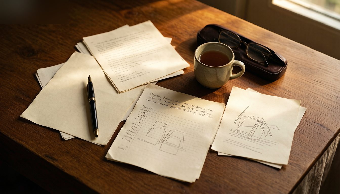 Draft standards documents with handwritten notes on a warm wooden desk